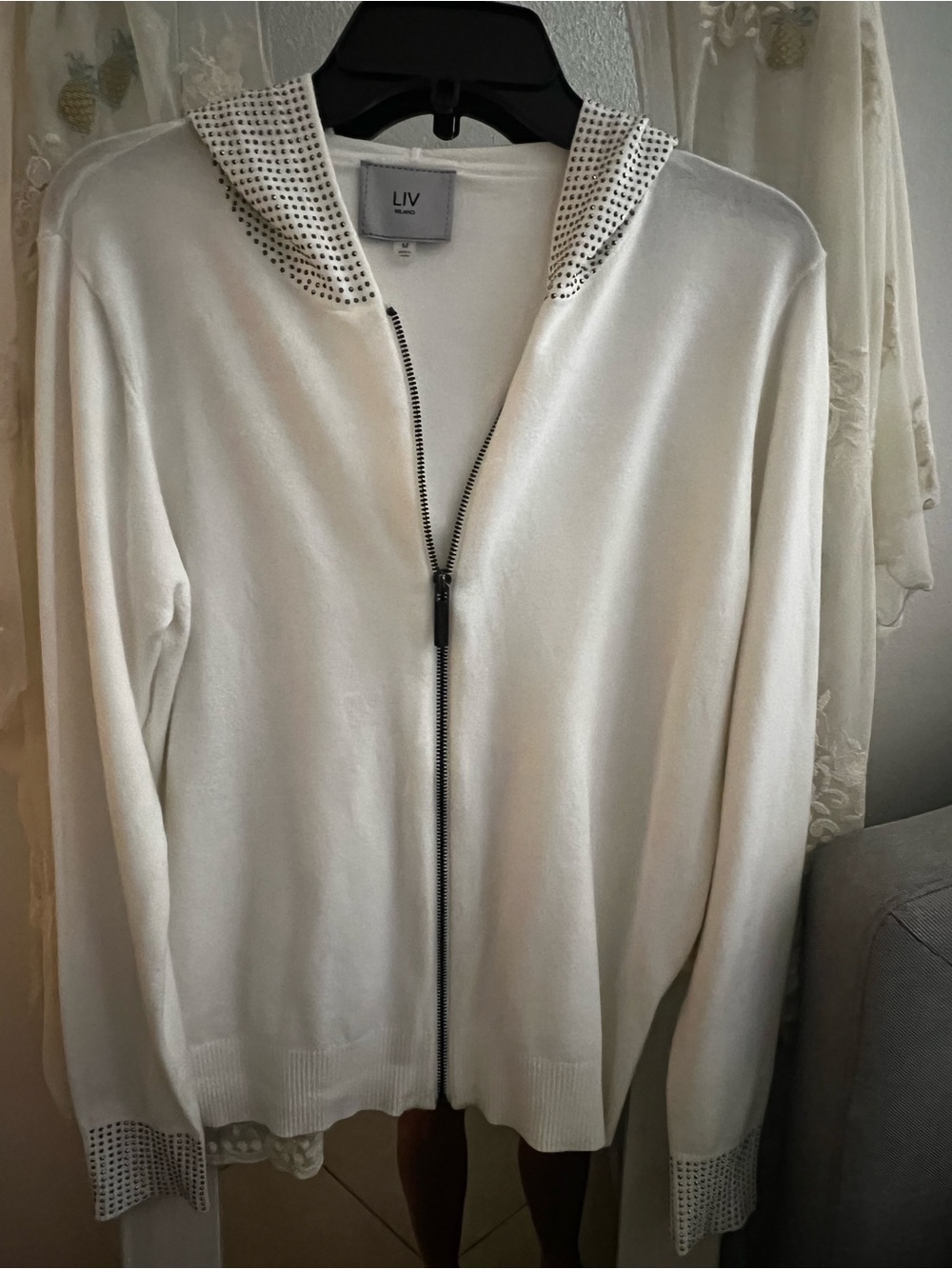 Milano White Zip-Front Hooded Cardigan with Stud Trim